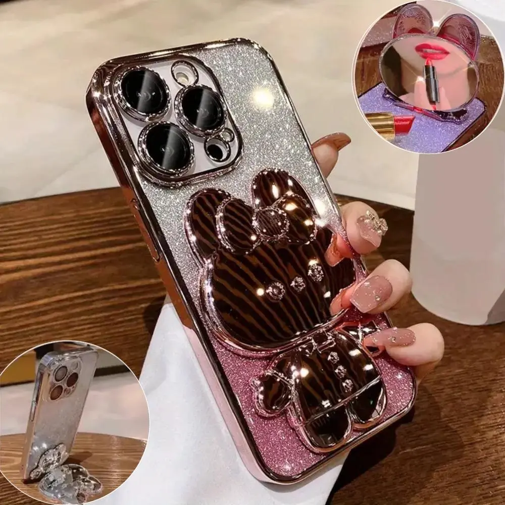 Glitter Decor Protective Shockproof Cellphone Case Casing with Cute Rabbit Stand, Bunny, 1 Count Decorative Smartphone Phone Protector Cover, Shockproof Cellphone Accessory Compatible with iPhone 15 14 13 12 11 Series