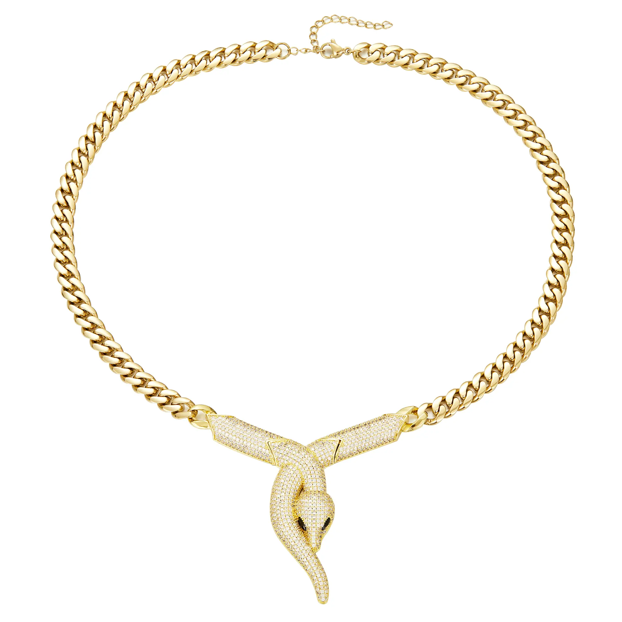 Iced Out Snake Head Cuban Link Necklace | 14K Gold Plated CZ Diamond Serpent Choker, Hip Hop Statement Jewelry for Women