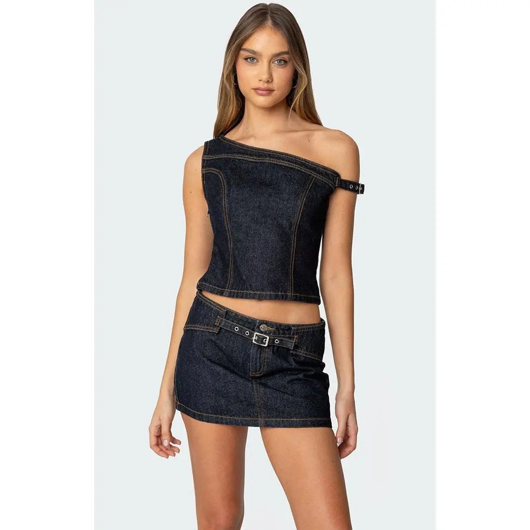Edikted Women's Keira Buckled Asymmetric Denim Top