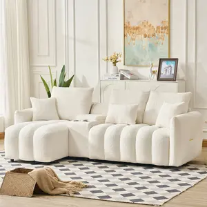 91.7" Cream White Teddy Fabric Cloud Sofa, Modern Sectional Sofa with Console, USB Charger, Cup Holders, and Hidden Storage for Living Room or Apartment left side bed sleeper
