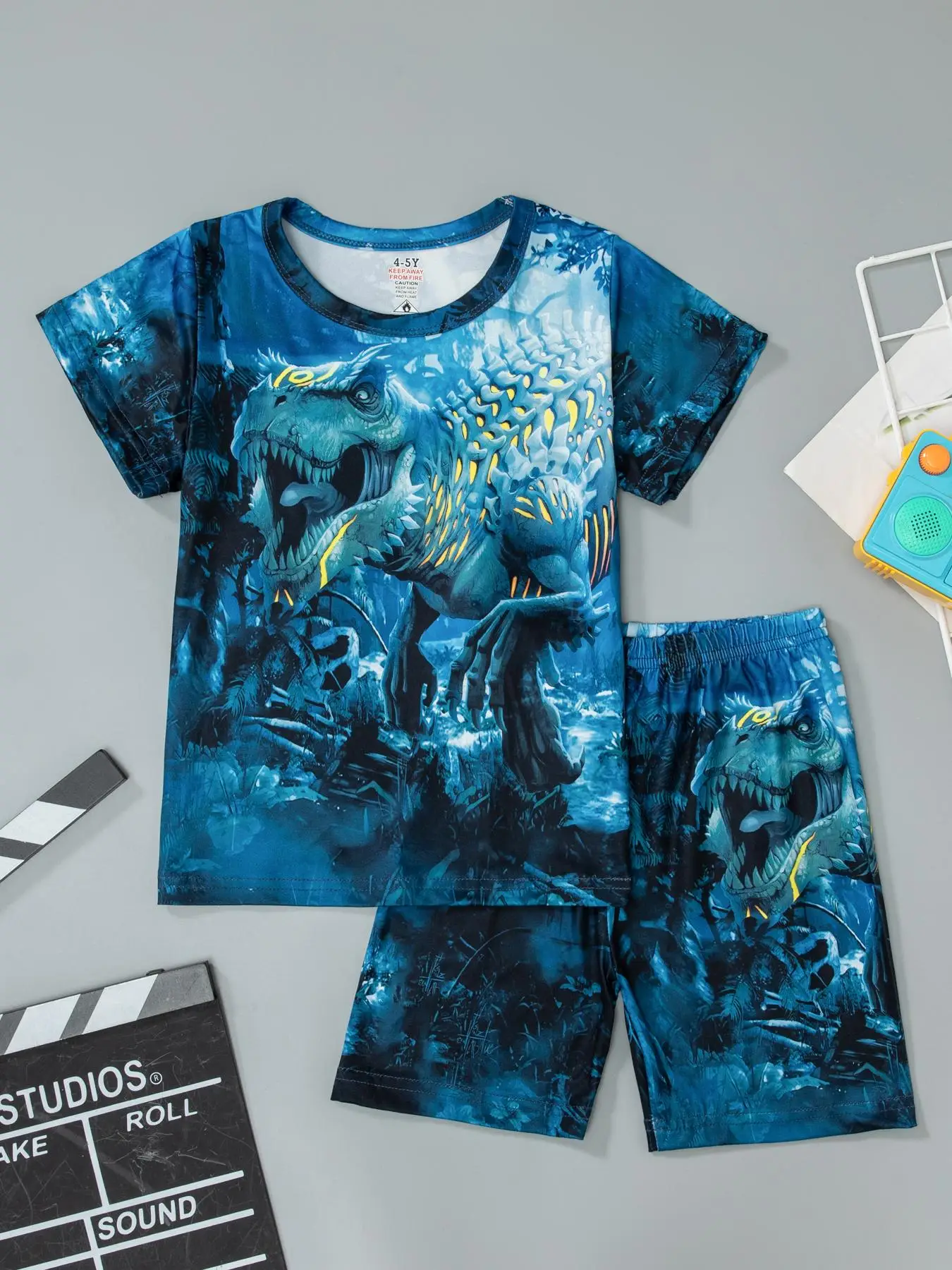 Boy's Dinosaur Print Short Sleeve Round Neck Tee & Elastic Waist Shorts Pajama Two-piece Set, Cute Casual Comfortable Breathable Pj Set for Daily Home