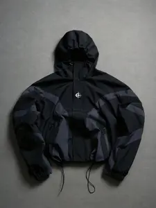 Men's Cropped Techwear Hooded Jacket, Color Block Windbreaker, Stylish Streetwear Outerwear, Perfect for Urban Fashion Enthusiasts