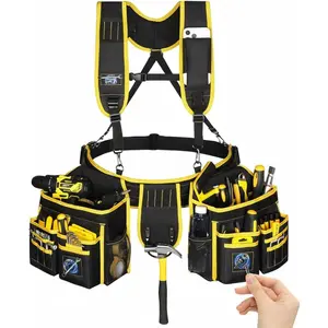 Tool Belts for Men, Tool Belt Suspenders, Heavy Duty Tool Belts with 28 Pockets,  Tool Belt with Suspenders for Carpenters Electricians Framers, 32''-66'' Adjustable