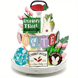 Easter Tiered Tray Decor Set, 13pcs/set Farmhouse Easter Bunny Trail Carrot Wooden Signs, Happy Easter Tiered Tray Items for Home Farmhouse Rustic Kitchen Decorations, Ornaments