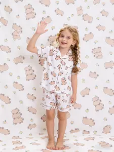 2-piece set of children's clothing for boys and girls, white background, full body, stacked Kapibala orange pattern print, short sleeved shorts, soft and comfortable lapel design, small pocket top, elastic waistband, home children's clothing, pajamas set