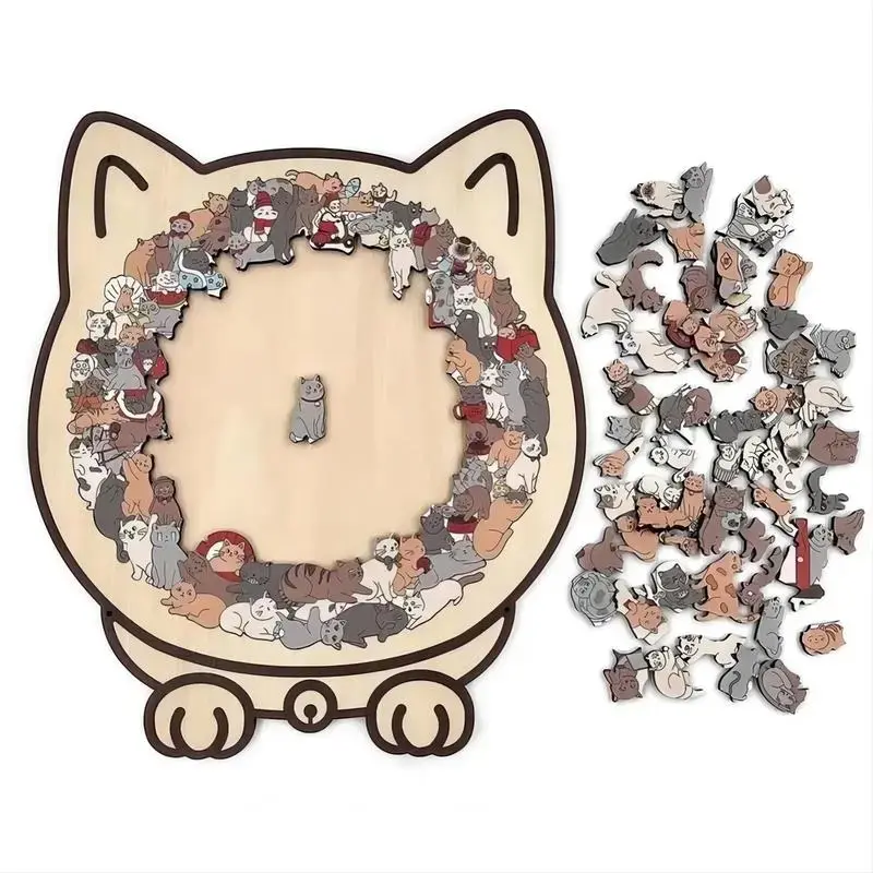 135-Piece Colorful Fun Cat-Shaped Wooden Puzzle–A stress-relieving gift,this detailed cat-themed puzzle comes with a display stand and dust cover.A creative gift for cat lovers and puzzle enthusiasts, perfect for home décor. Morandi Animal Puzzle Series