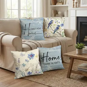 Watercolor Spring Floral Bird Decorative Throw Pillow Covers Set of 4, Flower Botanical Porch Outdoor Pillowcase, Family is Everything Sofa Couch Cushion Case Home Decor 0201YK