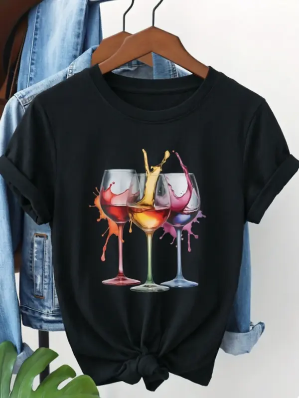 Fun Playful Wine‑lover Graphic Top Weekend Bar Hangout Casual Dinner Soft Cotton T‑Shirt Watercolor Splash Wine Goblet Print Heat Transfer Print Short Sleeve