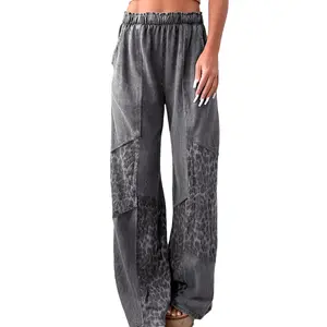 Mntaor Women's Dark Grey Mineral Wash High-Waisted Pants with Leopard Print Patchwork Wide Leg Lounge Wear for Casual Street Style Winter Outfit