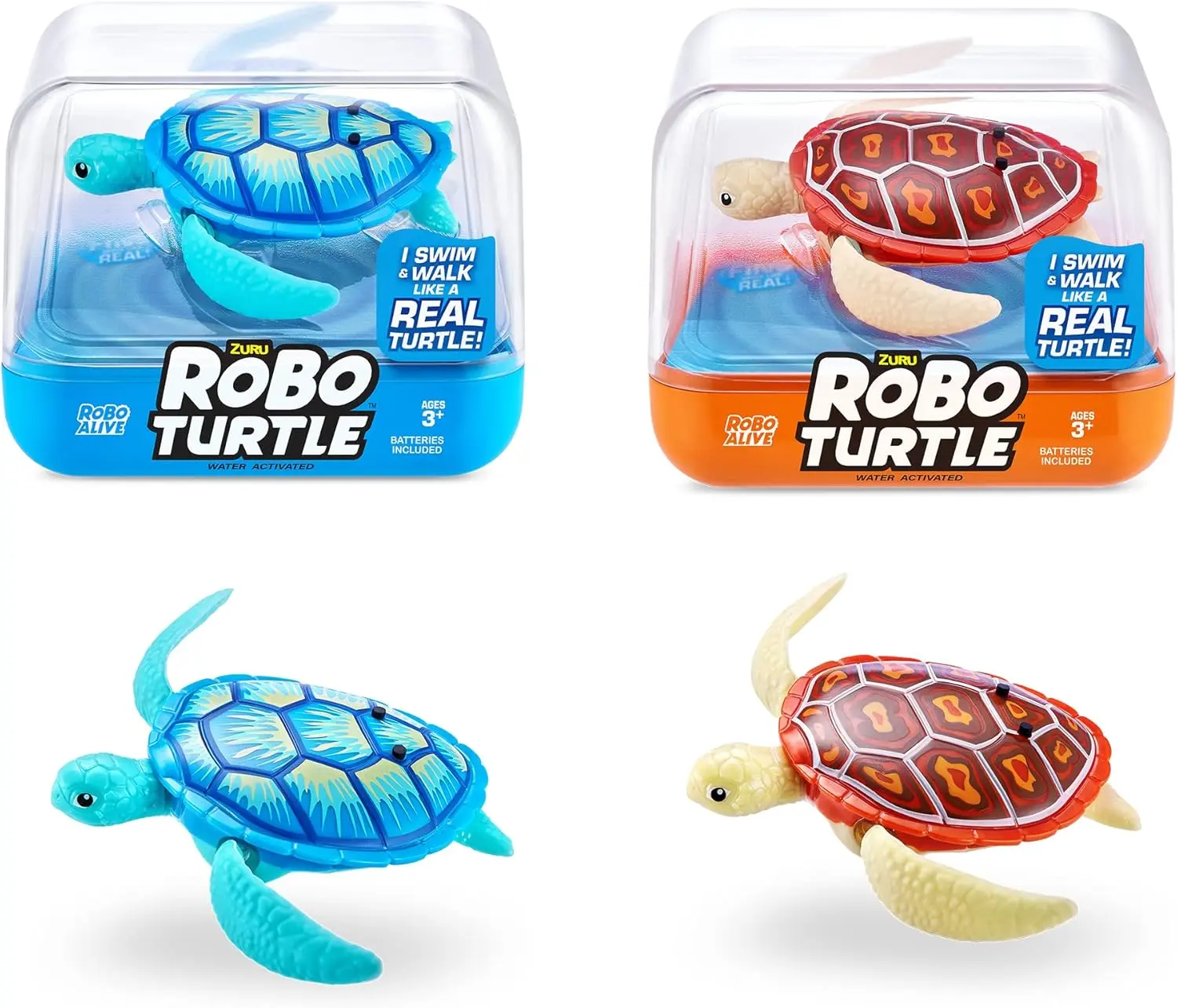 Robo Alive Robo Turtle Robotic Swimming Turtle (Orange + Blue) by ZURU Water Activated, Comes with Batteries, Amazon Exclusive (2 Pack)