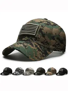 Unisex Camouflage Baseball Cap with American Flag Embroidery, Curved Brim Hat for Outdoor Hiking Fishing, Velcro Closure