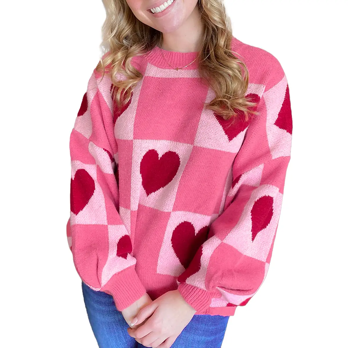 Mntaor Women's Pink Checkered Sweater with Heart Design - Casual Crew Neck Pullover for Winter & Spring
