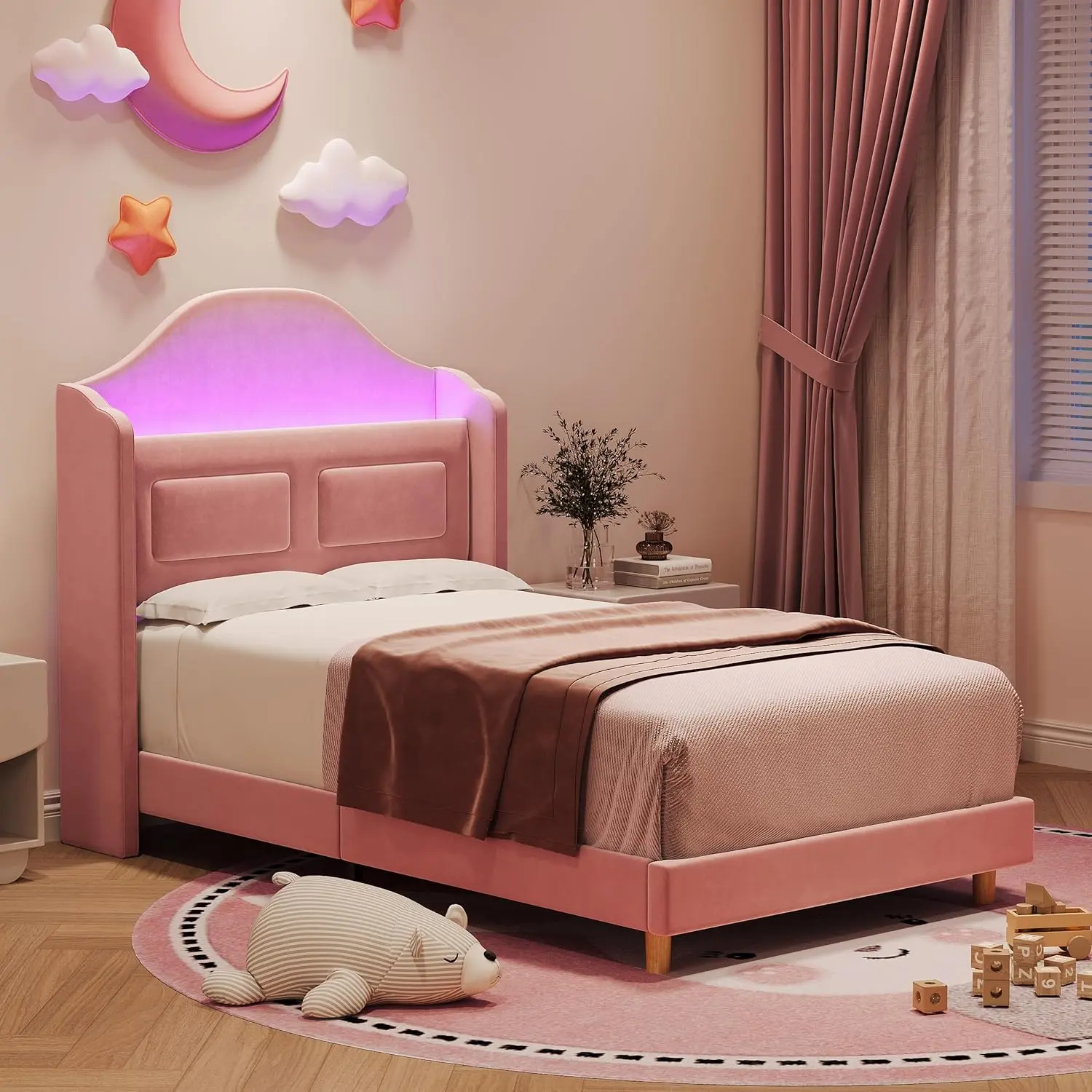 Gaomon Twin Size Modern Velvet Upholstered Platform Bed Frame - Pink LED Lights, Wings Back Throne Headboard, Hidden Compartments, 10-Min Easy Setup, Silent Durable Wood Slats, No Box Spring Required