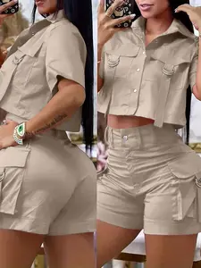 UREREM 120g Non-Stretch Woven Polyester Casual Solid Color Shorts Set, Outdoor, Women Elegant