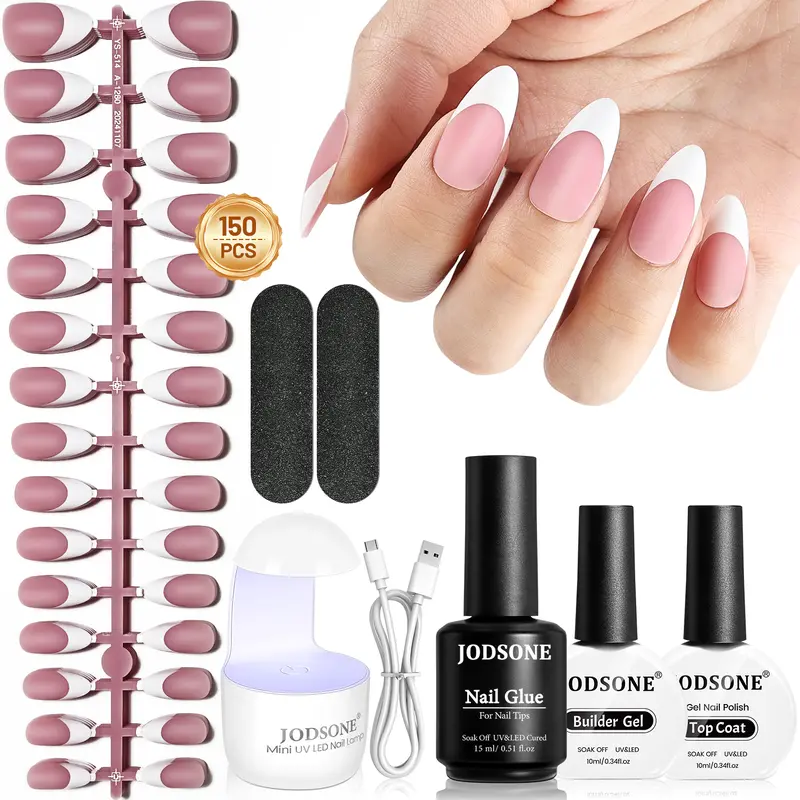 JODSONE 154pcs New Upgrade French Gel Nail Tips Kit French Tip Press on Nails Soft Fack Nail Tips Gel Nail Glue,Builder Gel,Top Coat,Nail Lamp All Included for Nail Art Easy DIY
