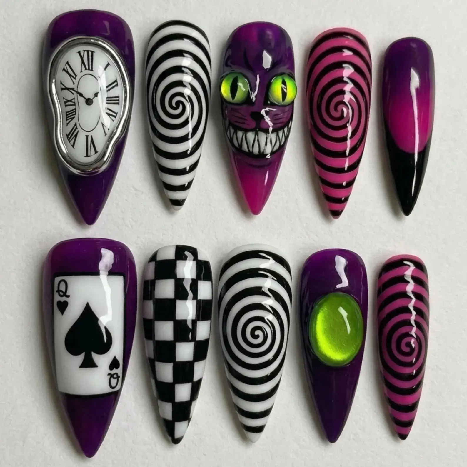 Ali in wonderlan stiletto press on nails, spooky cheshire cat hand painted fake nails