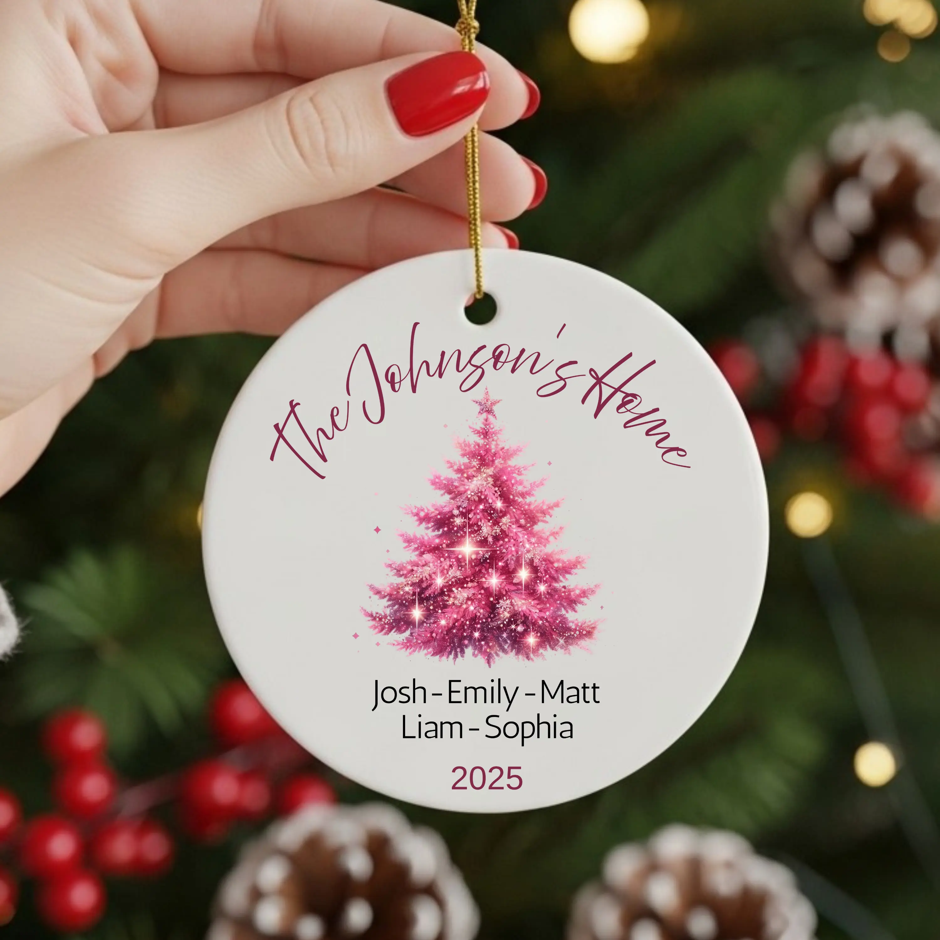 Personalized Family Name Christmas Ornament 2025 Custom Pink Ceramic Tree Modern Holiday Keepsake Gift for New Home with Custom Names Year - Decor Round Glossy 3.5 Inches Diameter - Print Decoration 1 Side