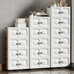 3/4/5 Tier White Foldable Storage Cabinet with Double Doors & Lockable Wheels – Stackable Modular Plastic Organizer with Ring Handles, Tool-Free Assembly Collapsible Rolling Storage Bin for Bedroom, Living Room & Home Organization, Space-Saving Design