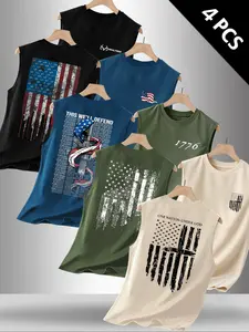 Men's 4 Pack Flag Graphic Print Round Neck Sleeveless T-Shirt, Casual Streetwear Comfortable Top for Summer Outdoor Activities