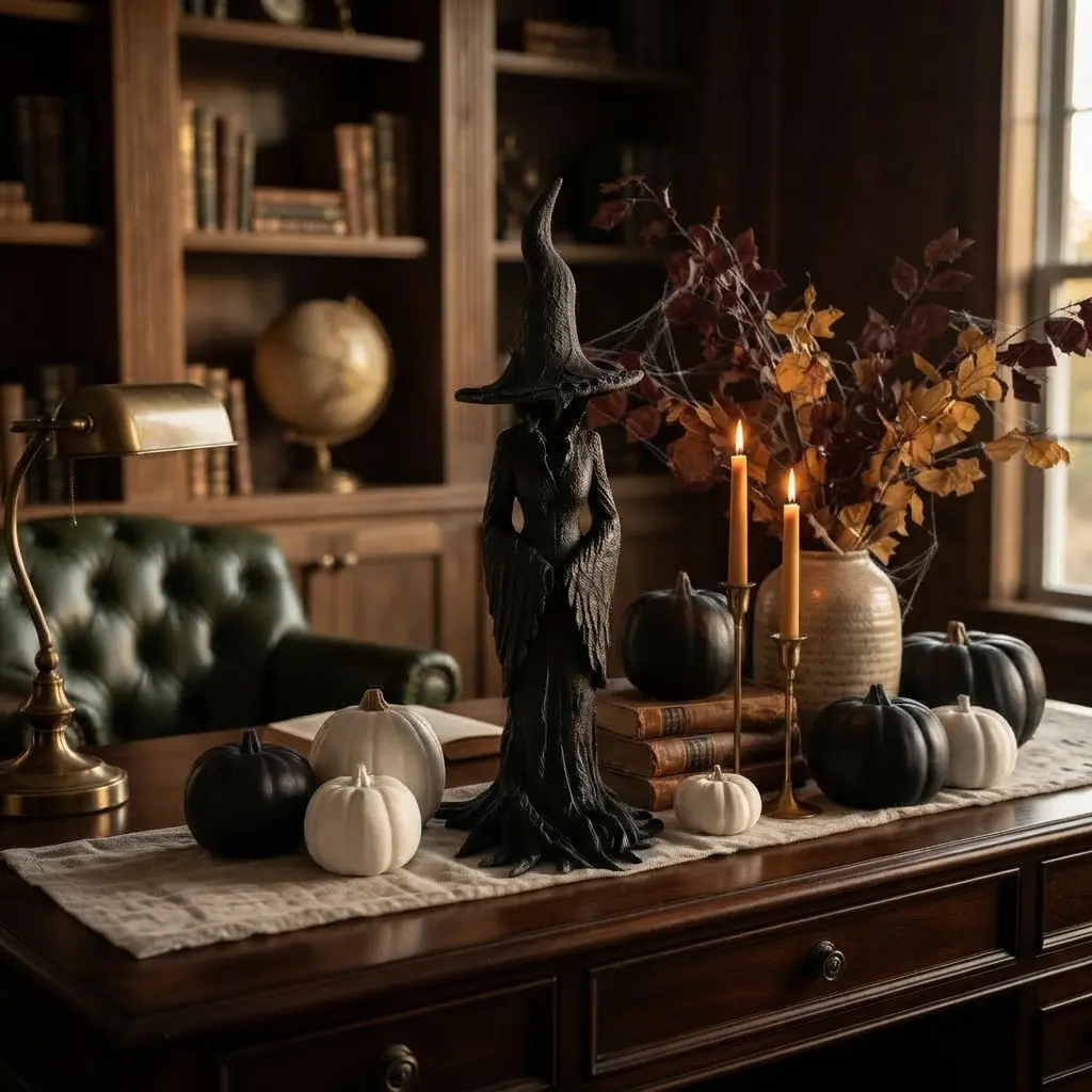 Gothic Witch Figurine Sculpture - Black Creepy Witch Statue with Tall Hat, Dark Academia Tabletop Ornament, Spooky Halloween Home Decor Centerpiece, Vintage Bookshelf and Mantel Art Accent, Unique Seasonal Gift