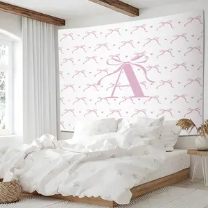 Custom Monogram Letter Tapestry, Coquette Pink Bow Wall Hanging, Heart Bow Tapestries, Aesthetic Wall Blanket, Personalized Backdrop Decor for Girls, Bedroom & Dorm Decor