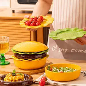 Ceramic Burger Dinnerware Set, 5-Piece Stackable & Detachable Plates Bowls Dishes, Ideal for Salads Fruits Waffles, Elegant Design