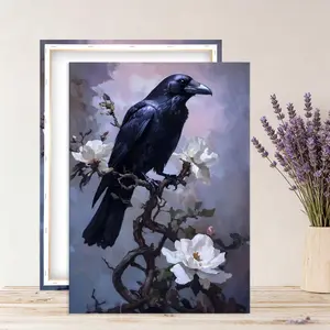 Raven Art Canvas Framed Wall Decor, Gothic Raven with White Magnolia, Dark Nature Theme Print, Mysterious Bird Artwork, Suitable for Living Room, Bedroom and Home Decor.
