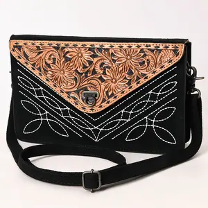 American Darling Western Leather Envelop Bag with Hand-Tooled Floral Detailing, Premium Genuine Suede Leather, Adjustable Strap, Secure Compartments