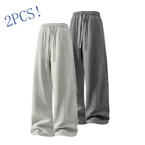 Men's 2-Pack Casual Menswear Straight Pants - Lightweight Stretchy Polyester Grey Sweat Pants, Slim-Fit Long, Simple Design for Office, Day Wear - Light Gray + Dark Gray