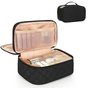 Women's Makeup Bag Travel Cosmetic Bag Double-Layer Waterproof Organizer with Brush Holder Black Compact Portable Storage