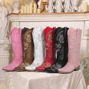 【Rodeo Boots】Wranglette Women's Embroidered Western Cowboy Boots Floral & Rhinestone Embellished Knee-High Cowgirl Boots, Pointed Toe & Block Heel Trendy Country, Festival, Party & Casual Footwear for Fashionistas into Vintage Western Style