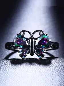 Rainbow Color Synthetic Crystal Butterfly Ring for Women, Fashion Vintage Engagement Ring Wedding Jewelry, Elegant Artificial   Gemstone Accessory Gift, Artificial Zircon Ring