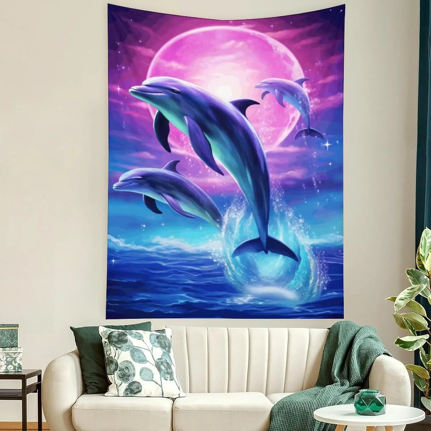 Colorful Animal Dolphins Jumping Over Water Full Moon Print Tapestry - Lightweight Vintage Art Deco Home Decoration Wall Hanging, Hand/Machine Safe Indoor/Outdoor Bedroom Tabletop Accent