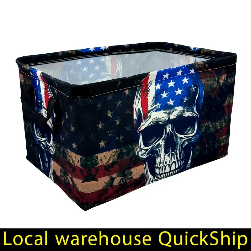 American Flag & Skull Print Laundry Hamper - Thickened Oxford Fabric, Extra Large Collapsible Storage Bin with Open-Top Design for Bedroom, Bathroom, & Clothes Organization, Laundry Room Accessories, Bedroom Organization, Stylish Organizer