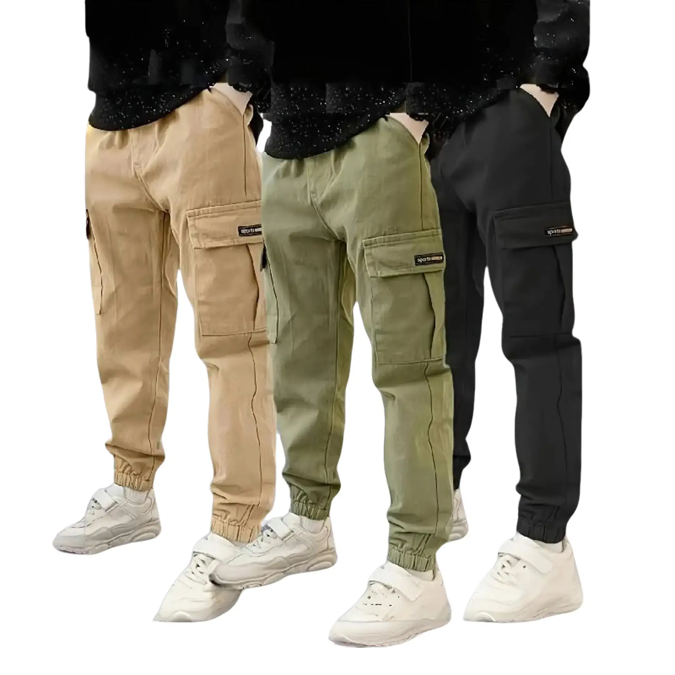 3pcs Set of Children's Cargo Pants, Boys' Tactical Long Pants, Casual All-Season Non-Stretch Solid Color with Pockets, Elastic Waist, Loose Fit for Kids - Spring/Autumn Collection, Suitable for Outdoor Wear, Perfect for Outdoor