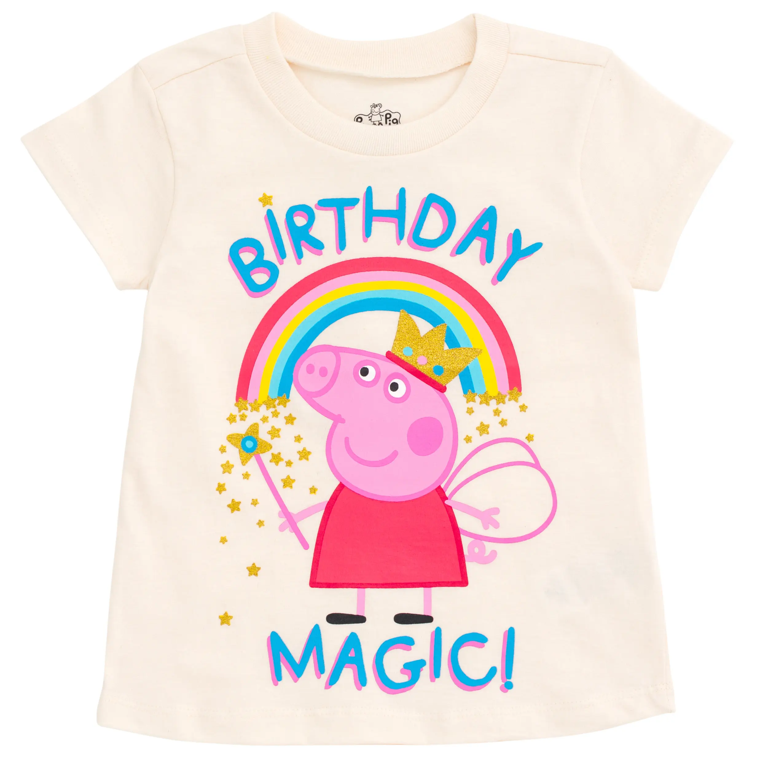 Peppa Pig Cartoon Girls' Short Sleeve T-Shirt - Birthday Theme, Magic Motif, Rainbow Print Casual Wear for Toddler to Big Kid, Round Neck
