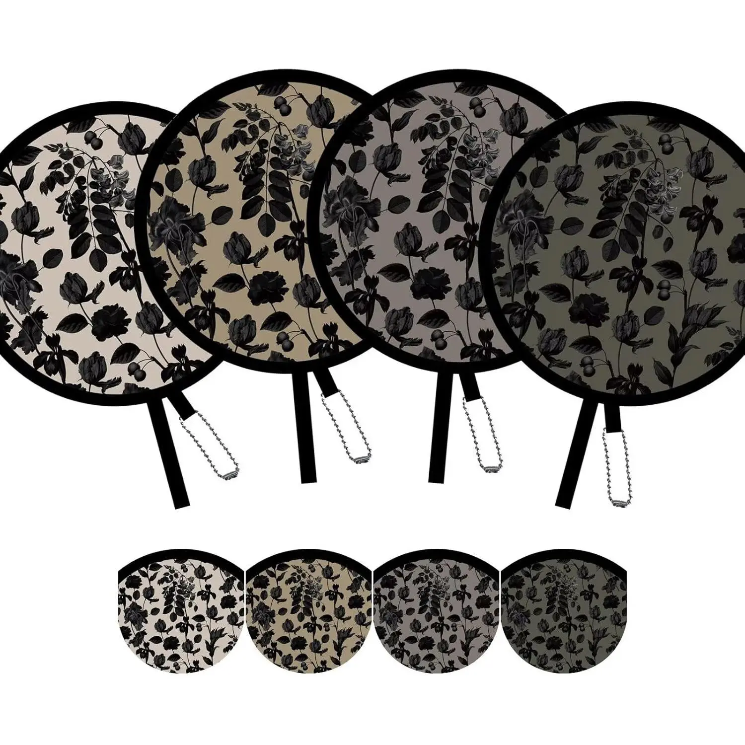 4-Pack Elegant Black Polyester Folding Round Hand Fans - Home Goods for Personal Use, Home Decor, Graduation, Concert; Botanical-Inspired Versatile Handheld Fans for Travel