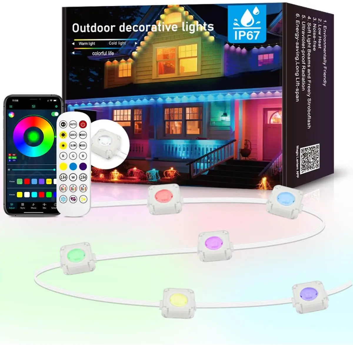 Smart Permanent Outdoor Lights,100ft with 60 Dual-LED RGB and Warm White Eave Lights, App Control, AI Light Design, Eaves Lights with Extension Connec