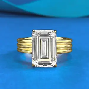 Unisex S925 Sterling Silver  Golden Plated Ring with 8x12mm Synthetic Moissanite - Emerald Cut, Hypoallergenic, for Wedding, Engagement & Daily Wear