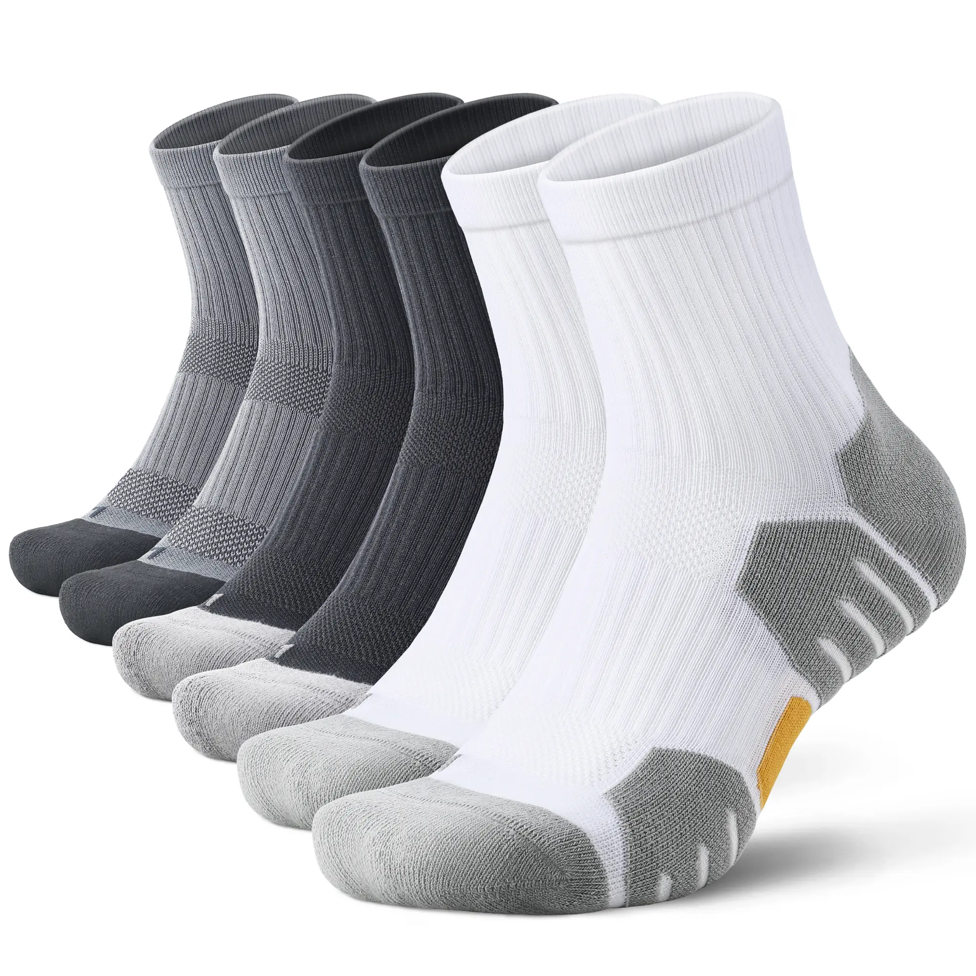 6 Pairs Men'S Mid-Calf Athletic Socks, 9-12 Size, Quarter Stockings with Arch Support, Moisture-Wicking, Breathable, Towel Bottom, Cushioning Shock Absorption, Soft and Comfortable, Black, White, Gray, Geometric Pattern, Fitness Training Socks, Sports Soc
