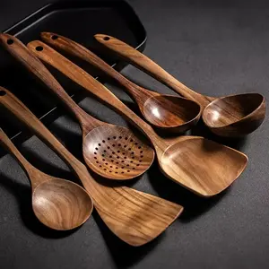 Elegant Aesthetic Wooden Kitchen Cutlery Utensils Set of 6, Kitchen Supplies, Fashionable Long Handle Spoons, Durable Material, Perfect for Mother's Day, Thanksgiving, Christmas