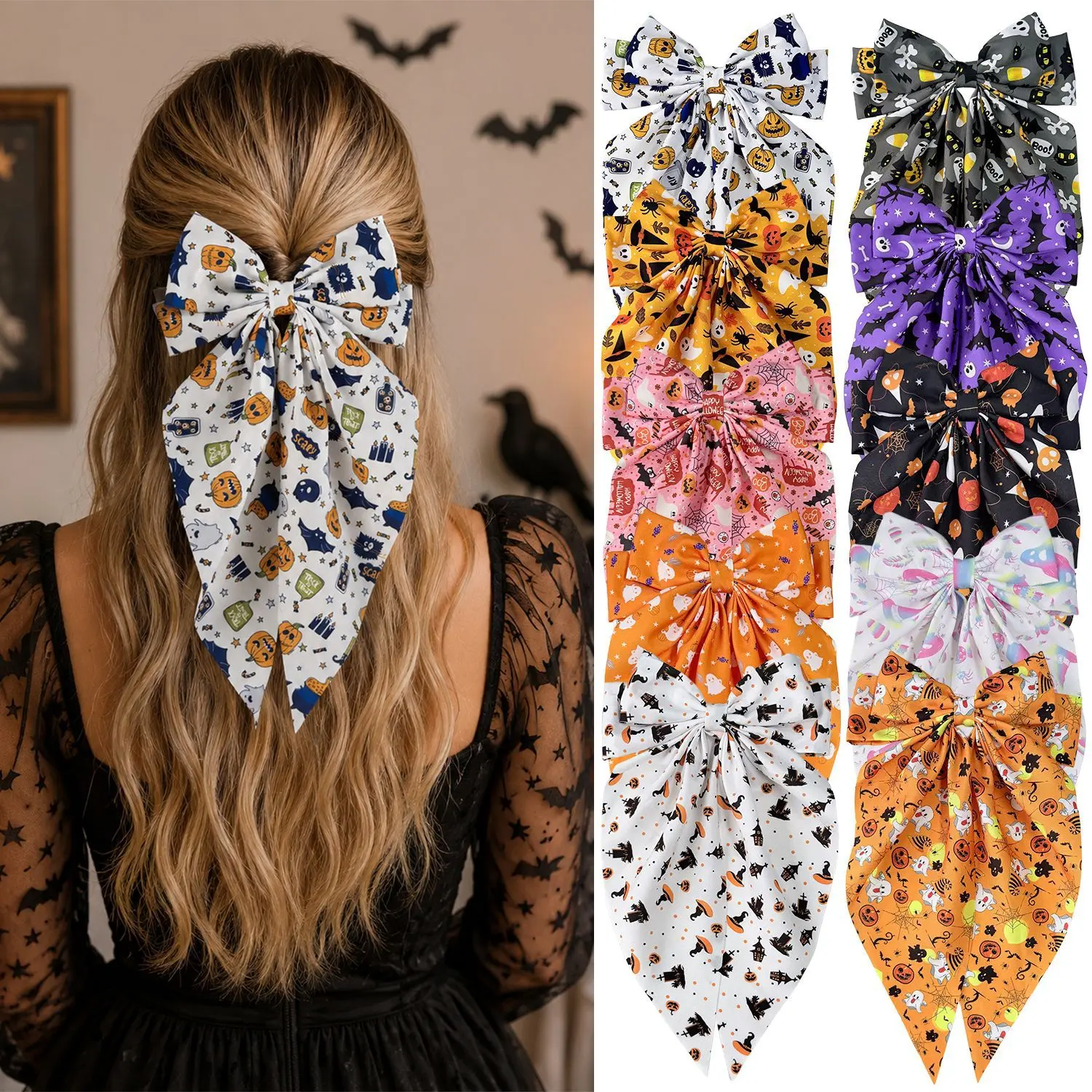 Halloween Bow Hair Clip For Women, Spooky Ghost Pumpkin Print Long Tail Barrette, Large Satin Spring Hair Clamp, Witch Cosplay Holiday Party Hair Accessory, Cute Gothic Trick Or Treat Costume Hair Decor Gift