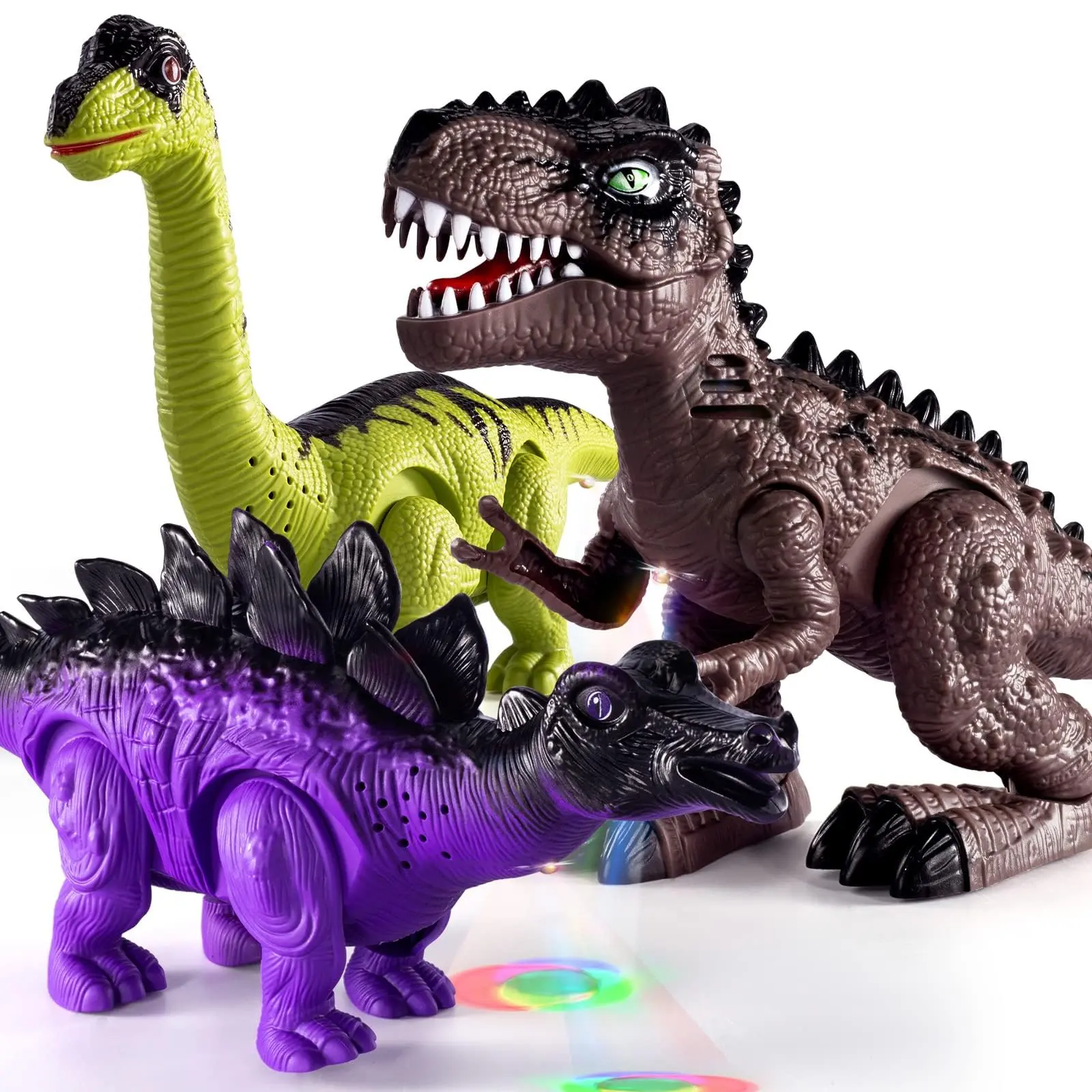 3-Pack Electric Walking Dinosaur Toy Set - Jointed Articulating Figurines with Roaring Sounds, Built-in Lights Add Nighttime Magic, T-Rex Trio, Brachiosaurus, Stegosaurus Figurine Collectibles