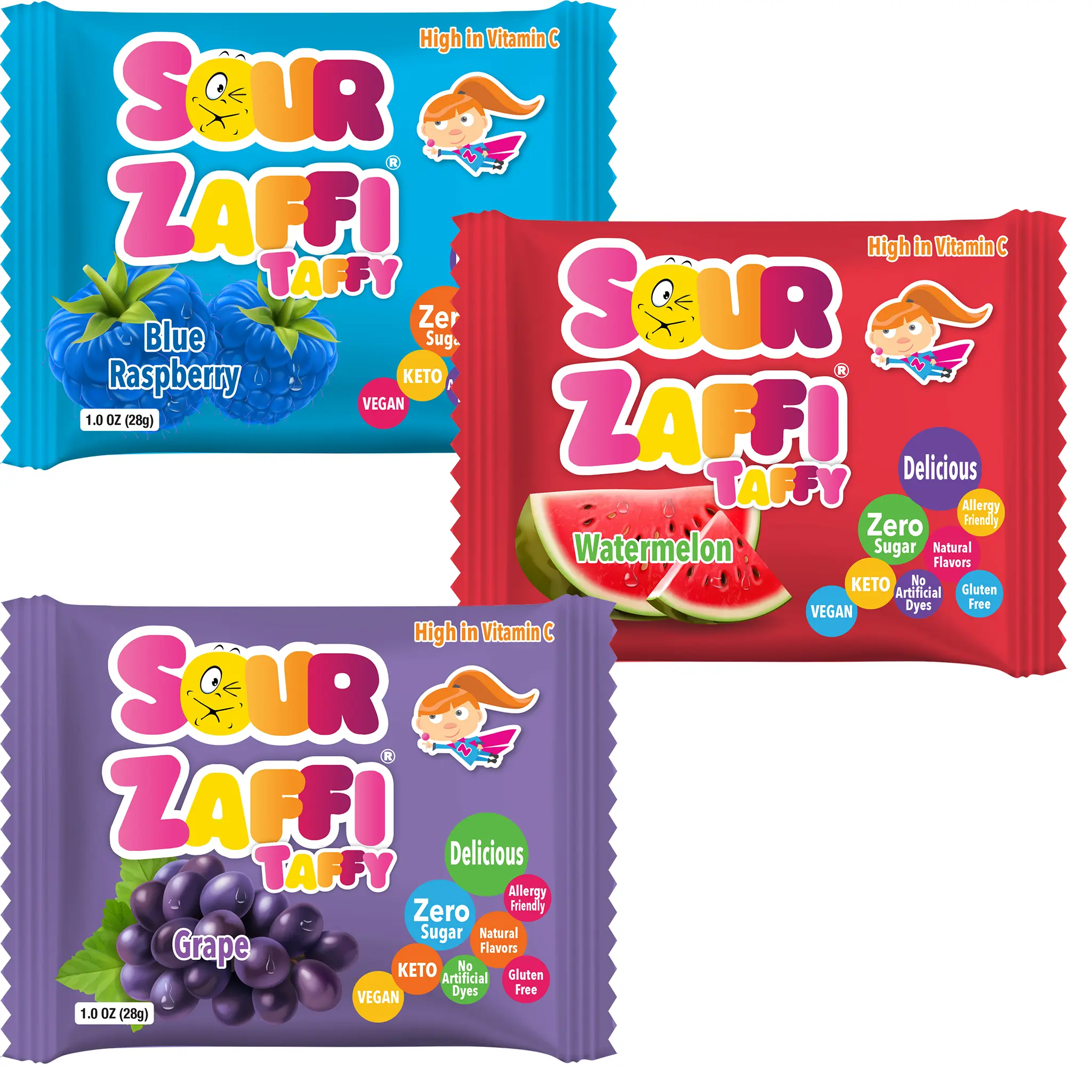 SOUR Zaffi Taffy Sugar Free Vegan Taffy Sampler - 4 pack - 1oz. Bars Snack Sour Candy
