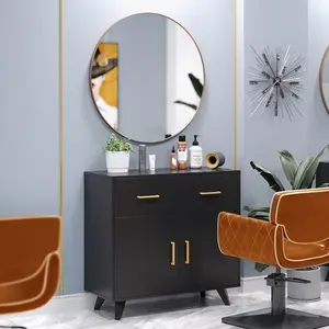 OmySalon Wall Mount Salon Station, Barber & Hair Stylist Station with Round Mirror, Hair Dryer Holders, Storage Cabinet & Adjustable Shelf, Beauty Spa Dresser