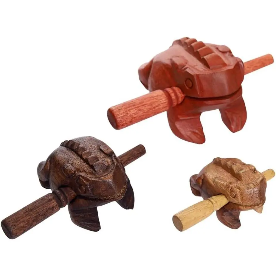 Guiros Percussion Instruments Wooden Frog wooden frog musical instrument 3 count Set of 4 Inch Frog, 3 Inch Frog, and 2.25-2.75 Inch Frog  Decor (Brown/Dark Brown/ Color)