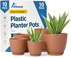 Plant Pots with Drainage Holes & Saucers 10 Pack, Indoor & Outdoor Stackable Space-Saving Planters for Houseplants & Flowers, (7", 6.7", 6", 5.3", and 4.8" Inches), Durable & Weatherproof