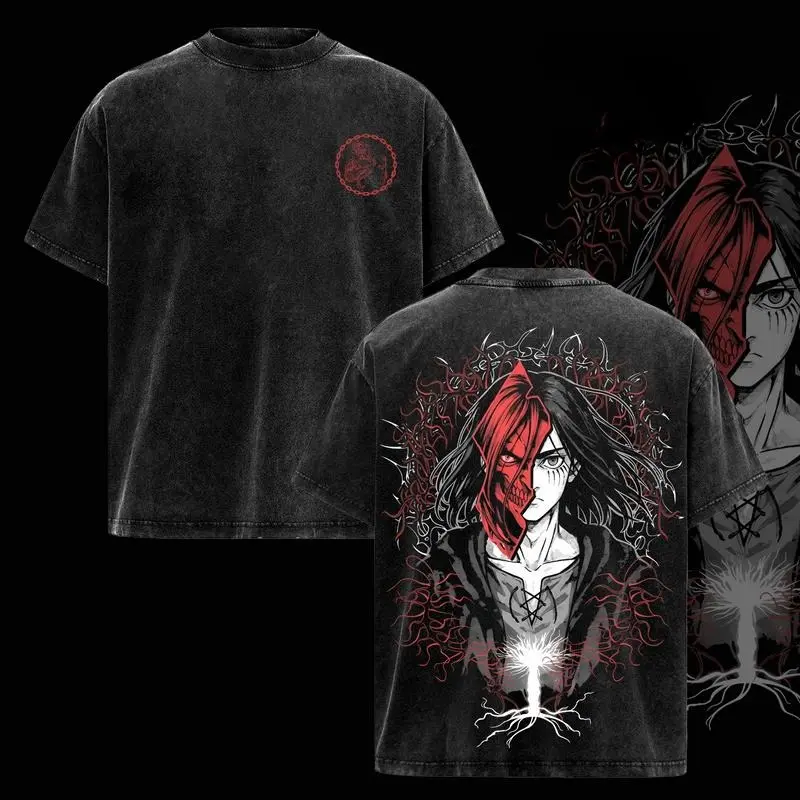 Men's Oversized Attack on Titan Graphic Short-Sleeve Tops, Vintage Distressed Soft Cotton Round Neck Dark Red T-Shirt, Gift for AOT Fans, Shortsleeve