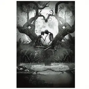 Gothic Skeleton Lovers Canvas Wall Art, Romantic Skull Kissing Under Moon Poster, Dark Academia Aesthetic Home Decor for Bedroom, Unframed