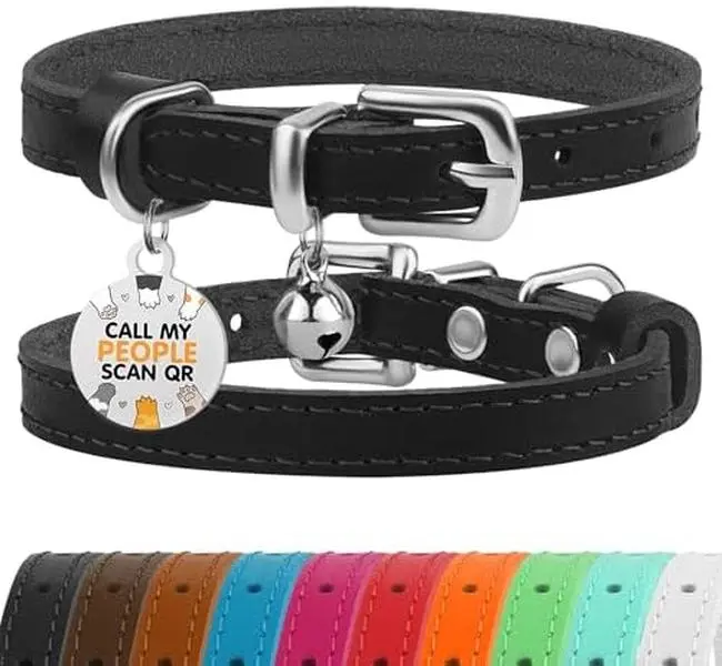 Leather Cat Collar with Removable Bells Non Breakaway Kitten QR Tag for Girl Boy (7" - 9" for Cats, Black & Silver)